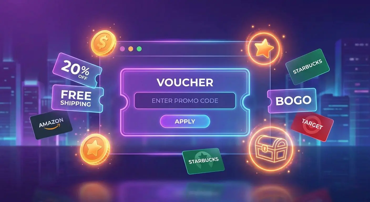 Promo-Codes und Coupons Grafik mit Promo-Code-Feld, Coupons und Rabatt-Symbolen